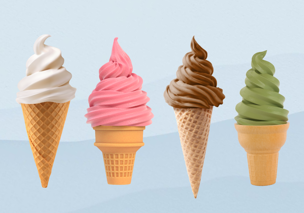 Soft serve ice cream. Vanilla ice cream. Strawberry ice cream. Chocolate ice cream. Matche ice cream.